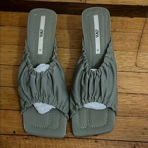ZARA Sage Green Ruched Square-Toe Slide Sandals